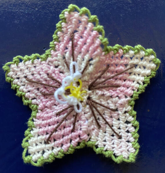 Suzanne&#39;s beautiful scarf flower from the virtual class with Lace Museum in Sunnyvale, California.