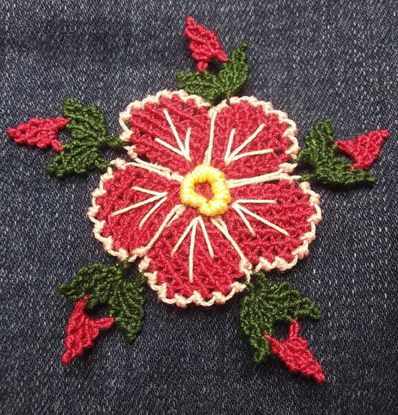 Esther&#39;s scarf flower with from the beginner&#39;s book on needle lace. Lace Guild of Oklahoma, Midwest City, OK.